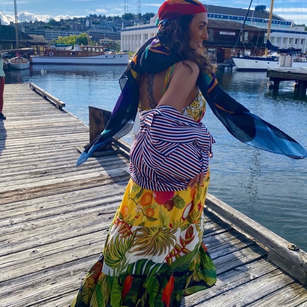 Farm Rio Fruit Pattern Beaded Sleeve Dress